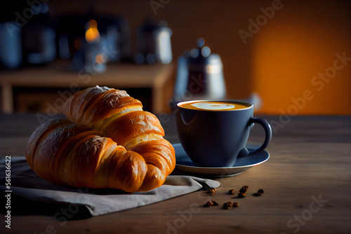 coffee on the table with croissant.  Generative AI.