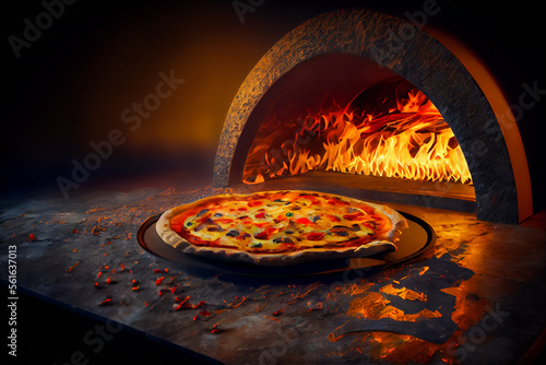 pizza in a traditional pizza oven. Cooking Pizza. Generative AI.