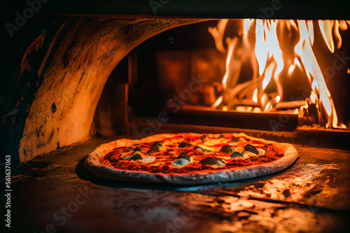 pizza in a traditional pizza oven. Cooking Pizza. Generative AI.