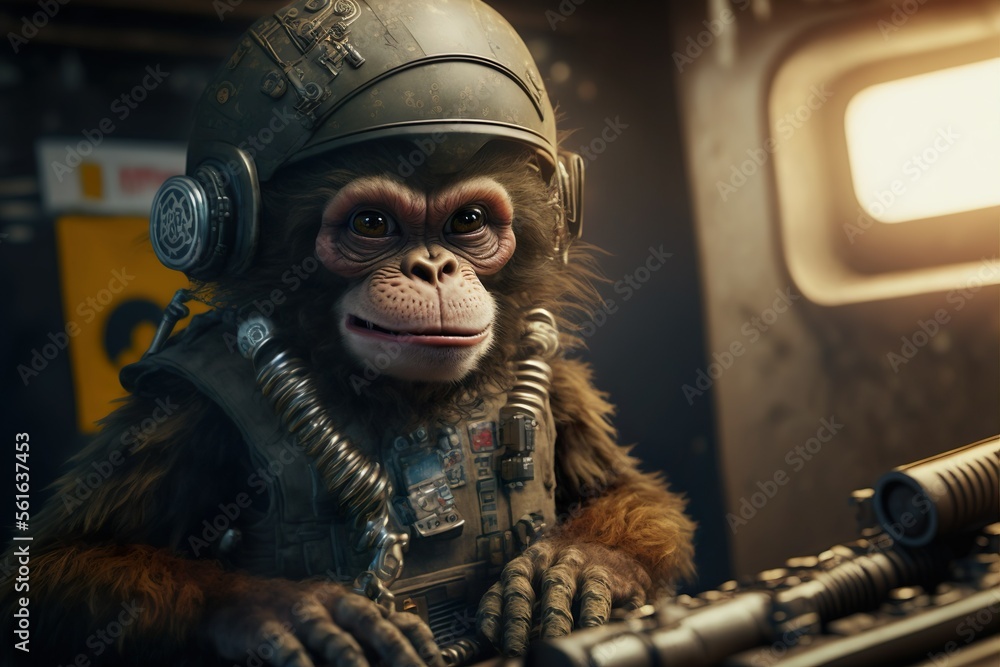 Monkey in a military uniform with a helmet. Created with Generative AI technology