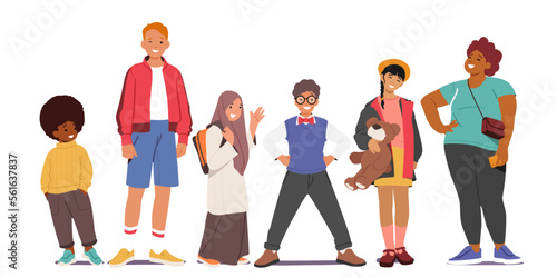 Diverse Children Stand in Row, Girls and Boys of Different Races and Ages, Multiracial and Multicultural Kids