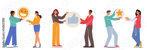 Virtual Communication In Networks Concept. Male and Female Character Share Like, Smile and Heart Icons in Network