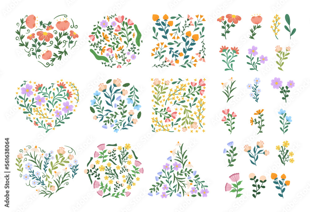 Set of Shapes Filled with Flowers, Heart, Circle, Square, Triangle Form with Simple Style Blossoms Isolated Illustration Set of Shapes Filled with Flowers, Heart, Circle, Square, Triangle Form with Simple Style Blossoms Isolated Illustration