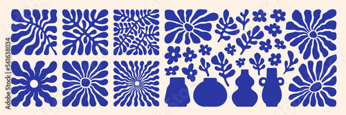 Matisse curves aestethic. Groovy abstract flower art set. Organic floral doodle shapes in trendy naive retro hippie 60s 70s style. Botanic vector illustration in blue color.
