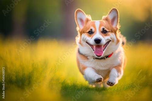 Happy Corgi runs on green grass. Generative AI