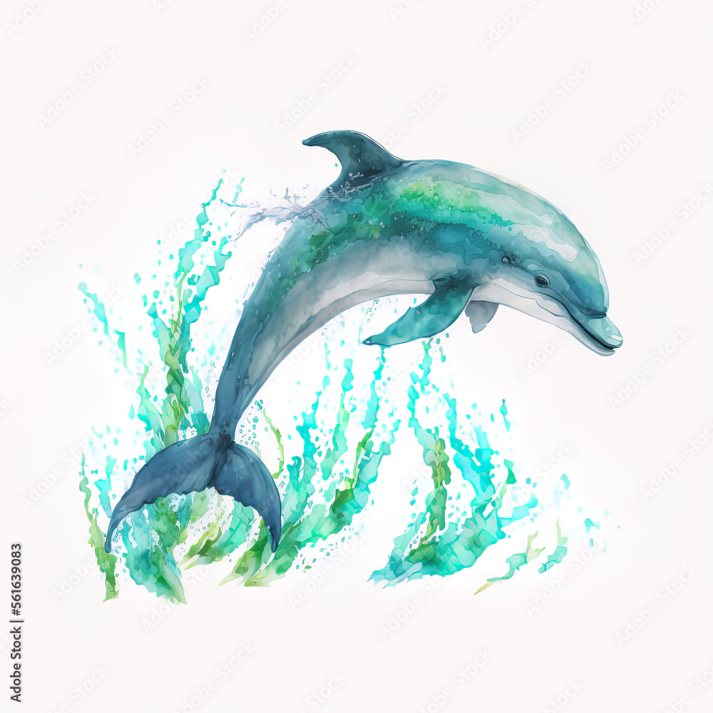 Adorable dolphin jumping out of water. Fin in blue, green, teal watercolor. Illustration, generative art