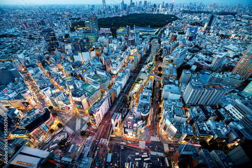 Photography Aerial View of Shibuya, Tokyo, Japan at sunset