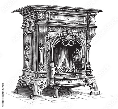 Antique vintage fireplace with fire hand drawn sketch 