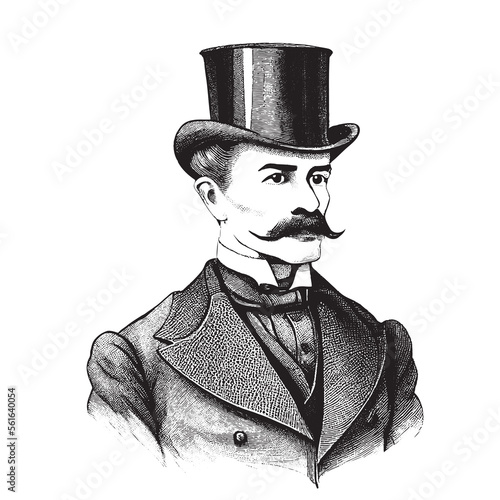 Portrait of an English gentleman with a mustache in a suit and top hat hand drawn sketch Illustration.