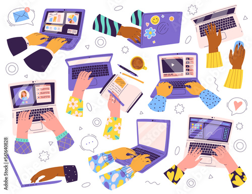 Hands working on laptop flat icons set. Fingers typing on keyboard. Communication by computer. Office stationery