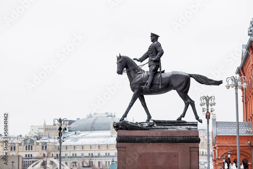 Moscow, Russia. Monument to Marshal Zhukov in front of the State Historical Museum.
