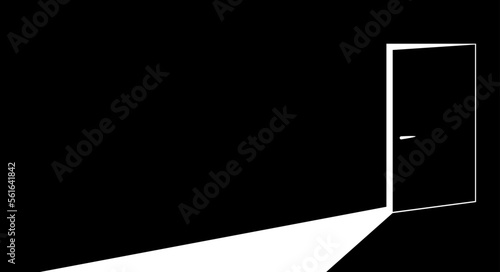 Half open secret door, new opportunities concept, unknown fear, step inside, future, what is behind, what is there. Flat vector illustration isolated on black background.