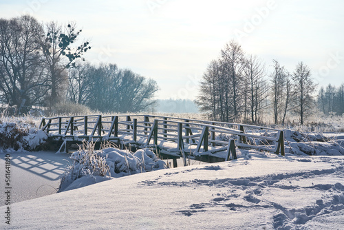 Winter wonderland. White winter landscape. Snow-covered countryside.