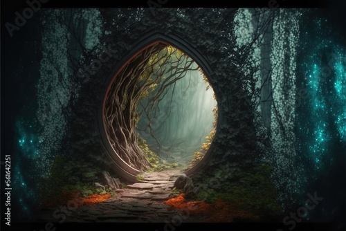 Fantasy magic portal. A portal in the elven forest to another world. AI