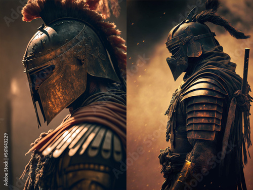 Samurai gladiator soldier with armor plating and traditional dress standing stoic with orange sunset glow