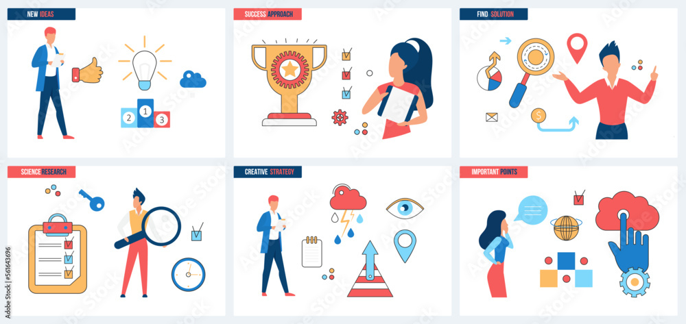 New idea approach, success of science research to find solution set vector illustration. Cartoon tiny people with magnifying glass in search of important points, creative strategy, click on cloud data New idea approach, success of science research to find solution set vector illustration. Cartoon tiny people with magnifying glass in search of important points, creative strategy, click on cloud data