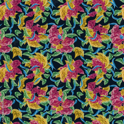 Seamless simple cute pattern of colorful curled design elements like flowers or plants on navy background.Endless ornament.Colourful backdrop for fabric,textile,linen.Raster