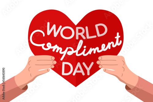 Word Compliment day with heart vector vector background. Red heart with inscription in hands. Card, poster template isolated on white backdrop