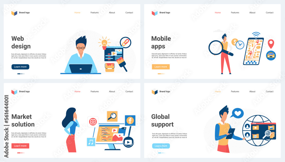 Web design, global mobile application support, market solutions set vector illustration. Cartoon tiny people work with magnifying glass and laptop for apps and modern website content development