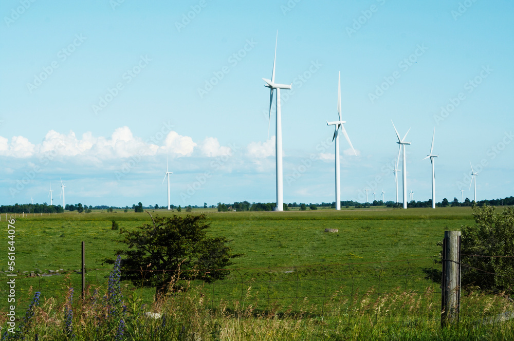 windmills stand against a blue cloudy sky windmills stand against a blue cloudy sky