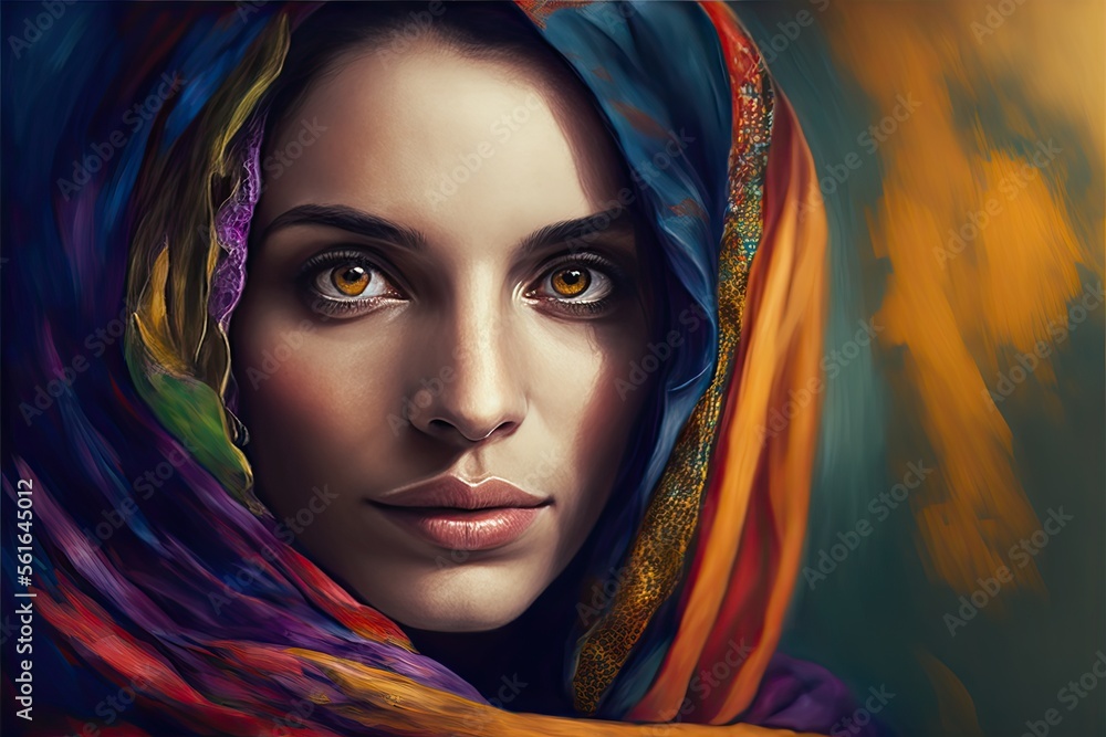Portrait of Young arabic woman looking at the camera.portrait mugshot of a Serious Middle eastern man looking at the camera. Image generated with generative AI