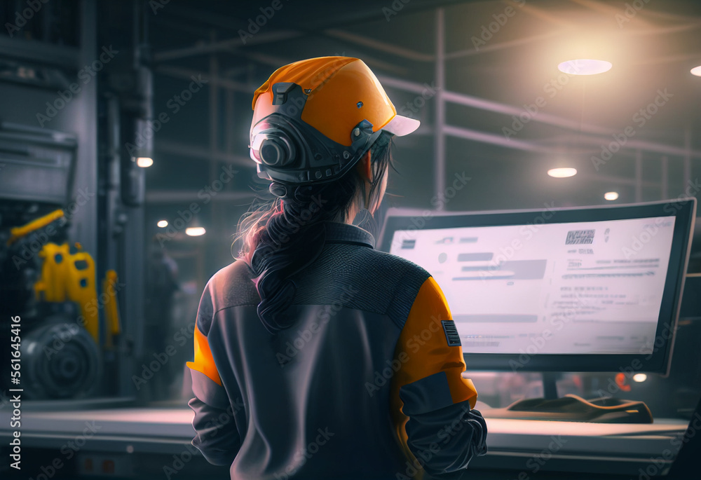 Fototapeta premium Professional Heavy Industry Female Engineer Wearing Safety Uniform. Industrial Factory Construction. Computer control..