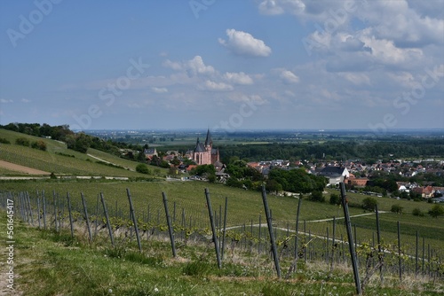 Tableau sur toile Blick auf die Katharinenkirche und Häuser mit Landschaften in Oppenheim am Rhein
