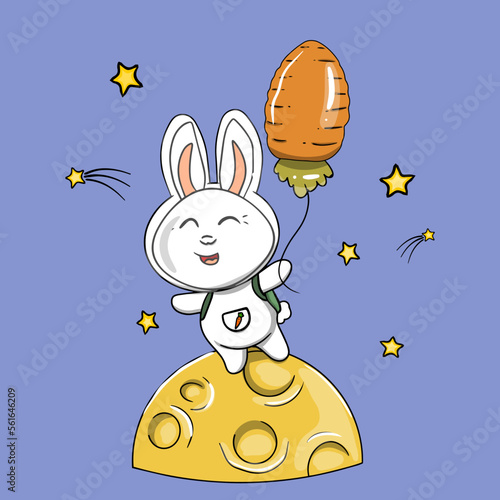 Cute Astronaut Bunny Holding Carrot chaped Balloon and stands on the Moon  in space with Stars. Cartoon Vector Icon Illustration. Animal Icon Concept Isolated Premium Vector. Flat Cartoon Style. 