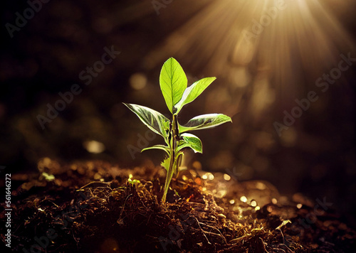 a young sprout in shining rays of sun. Ecological concept..