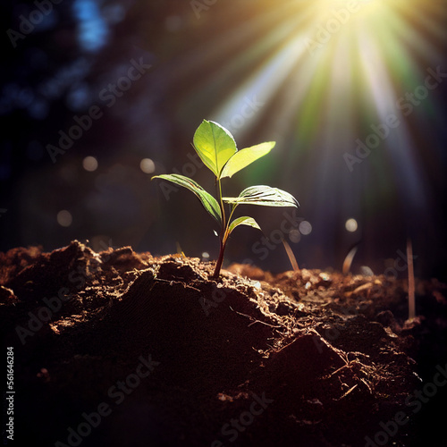 a young sprout in shining rays of sun. Ecological concept..