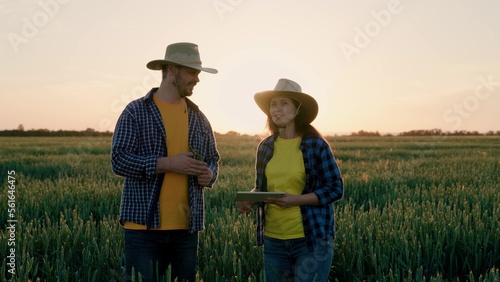 Two farmers  a man and a woman  are walking together in a field of wheat. The concept of agricultural business  companions. Businessmen  business partners work in the field with a computer tablet