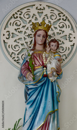 Statue of Our lady virgin Mary with Child Jesus in catholic church, Thailand. selective focus.