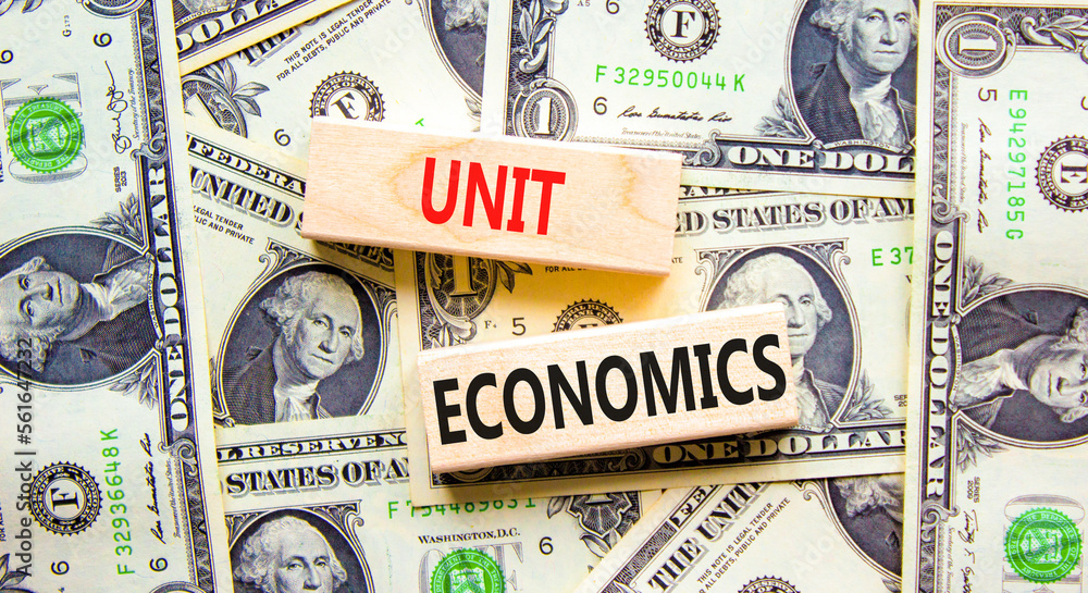 Unit economics symbol. Concept words Unit economics on wooden blocks. Beautiful background from dollar bills. Business and unit economics concept. Copy space.