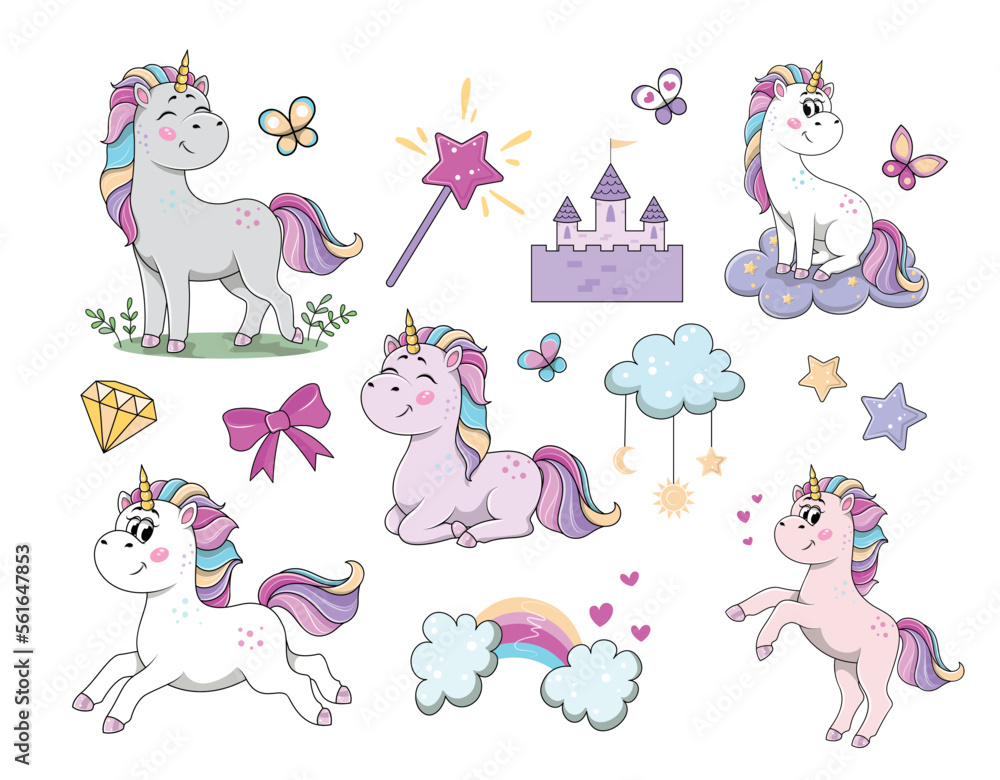 Cute unicorns collection. Set of stickers for social networks and messengers. Magic, imagination, dream and fantasy, fairy tale. Cartoon flat vector illustrations isolated on white background
