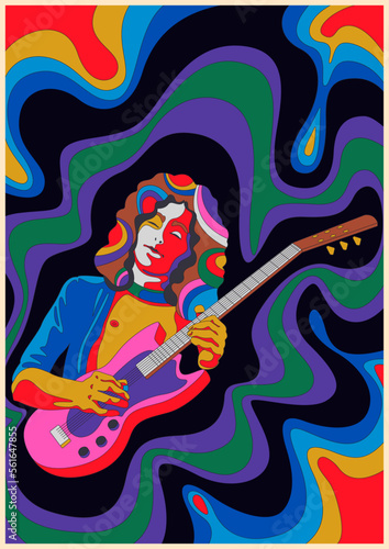 Psychedelic Retro Style Rock Music Guitarist Poster. 1960s Abstract Design Illustration