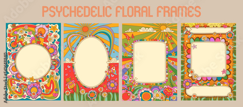 Psychedelic Hippie Style Summer Decorative Frames Set. 1960s Vintage Floral Backgrounds