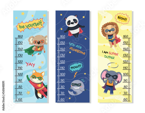 Superheroes height chart set. Collection of posters for apartment, height measurement. Dolphin, panda, lion, elephant and fox, koala. Cartoon flat vector illustrations isolated on white background