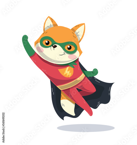 Superhero fox concept. Forest dweller in red suit with raincoat flies. Fantasy and imagination and fictional character. Graphic element for printing on fabric. Cartoon flat vector illustration