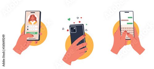 Dating app for phone. Hand hold cell phone for search love. Flat vector illustration