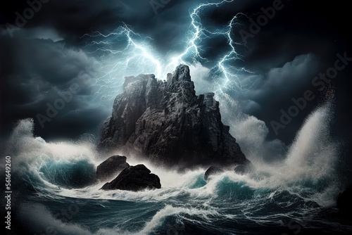 3D Illustration, Digital Art, a storm in the middle of the ocean with extremely agitated huge waves and dangerous thunders in the background.