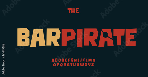 Fun cutout alphabet, funny cartoon font, chopped bold letters, abgular type for pirate bar logo, mexican fest headline, kids birthday, children game. Vector playful typographic design in retro color