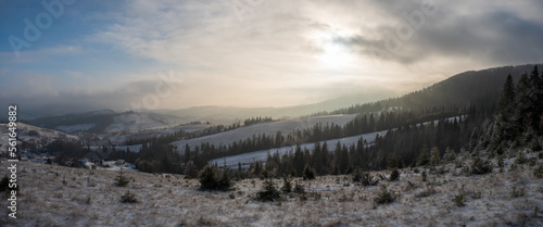 Panoramic mountain landscape. Village in the valley.  Carpathians, Ukraine