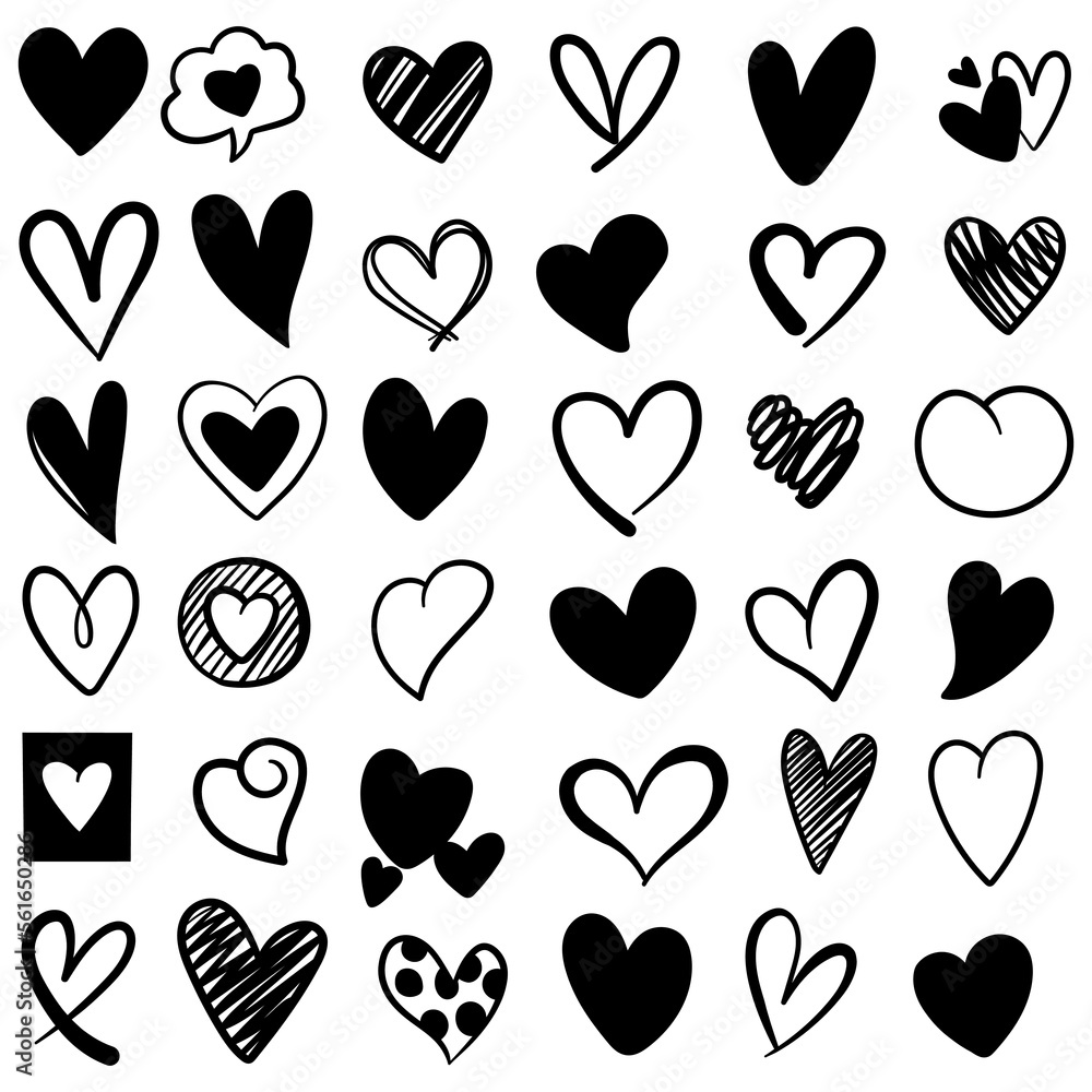 Fototapeta premium Collection of illustrated heart icons on a white background. 