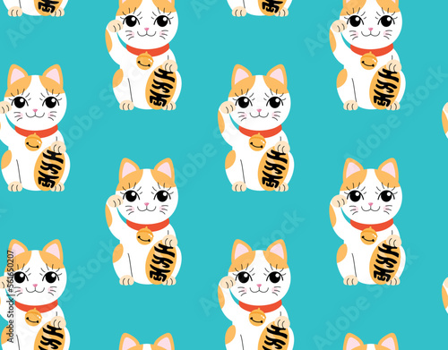 Maneki neko seamless pattern. Repeating design element for printing on fabric. Hmm, trend and style. Asian culture and traditions, charming porcelain kitten. Cartoon flat vector illustration