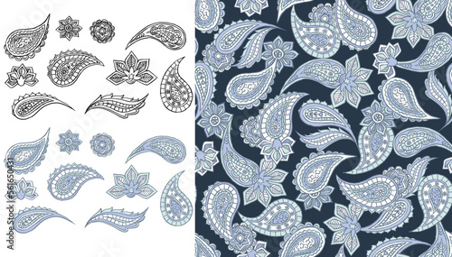 SET OF HAND DRAWN HENNA PAISLEY WITH SEAMLESS PATTERN SWATCHES