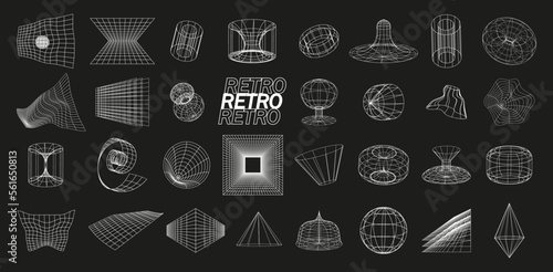 Retrofuturistic, wireframe line elements vector set. Perspective grids in cyberpunk style. Polar grid, portals circle. Abstract geometry, blackhole