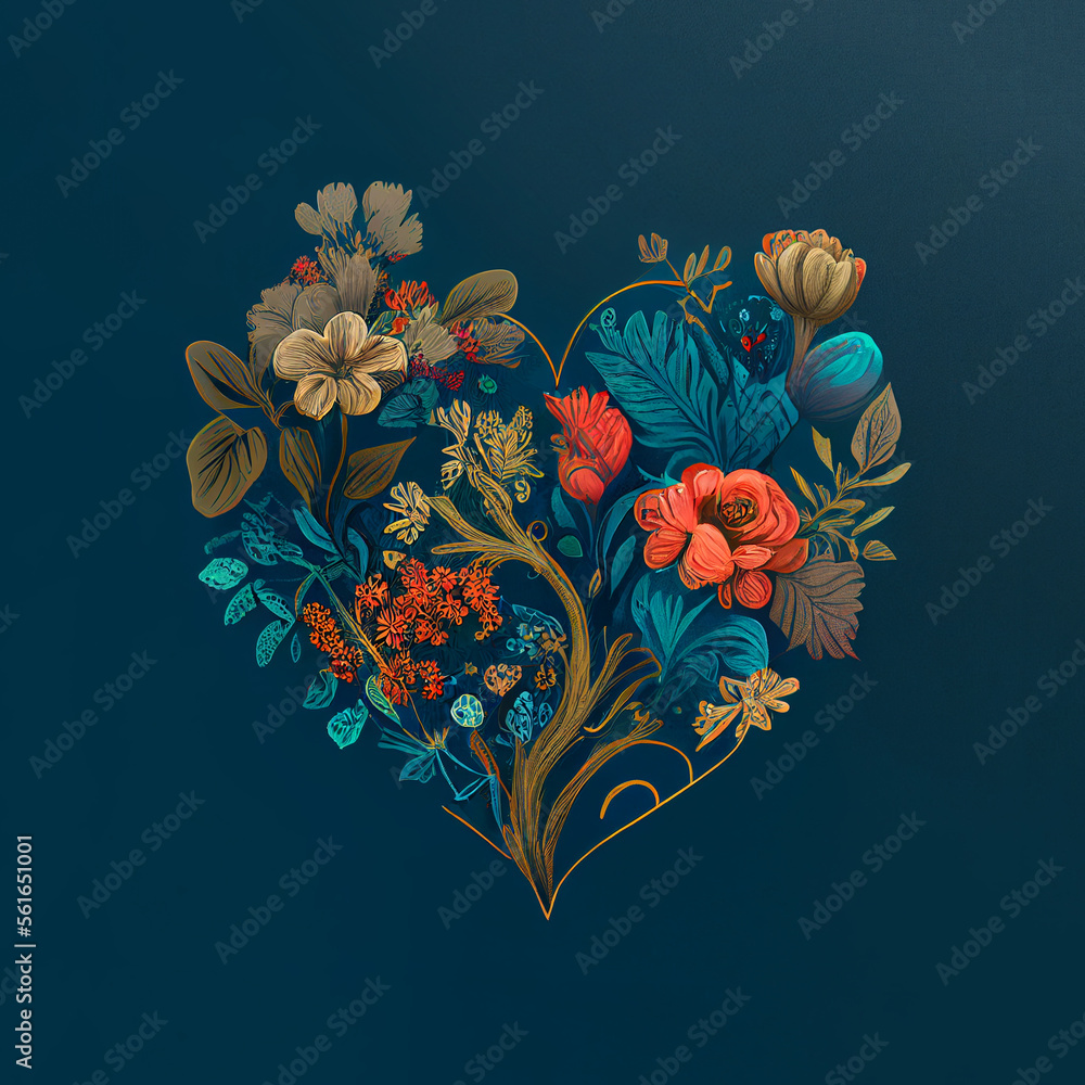 Floral heart. Heart of flowers. Wedding card. Love symbol on blue background. Valentine poster - obrazy, fototapety, plakaty 
