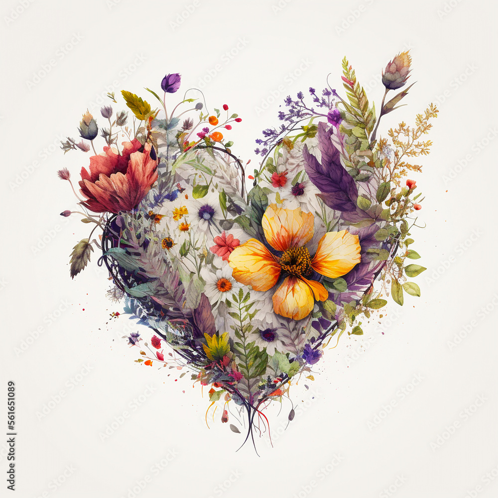 Floral heart. Heart of flowers. Wedding card. Love symbol on white background. Valentine poster - obrazy, fototapety, plakaty 