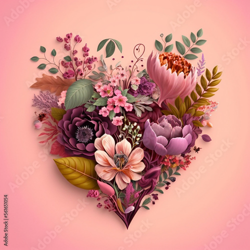 Floral heart. Heart of flowers. Wedding card. Love symbol on pink background. Valentine poster