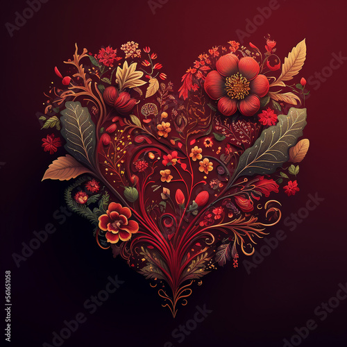 Floral heart. Heart of flowers. Wedding card. Love symbol on red background. Valentine poster
